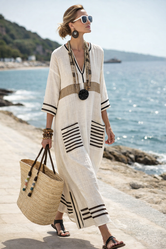 VIVIENNE | Ella - Luchtige Strandjurk met V-Hals en Strepen